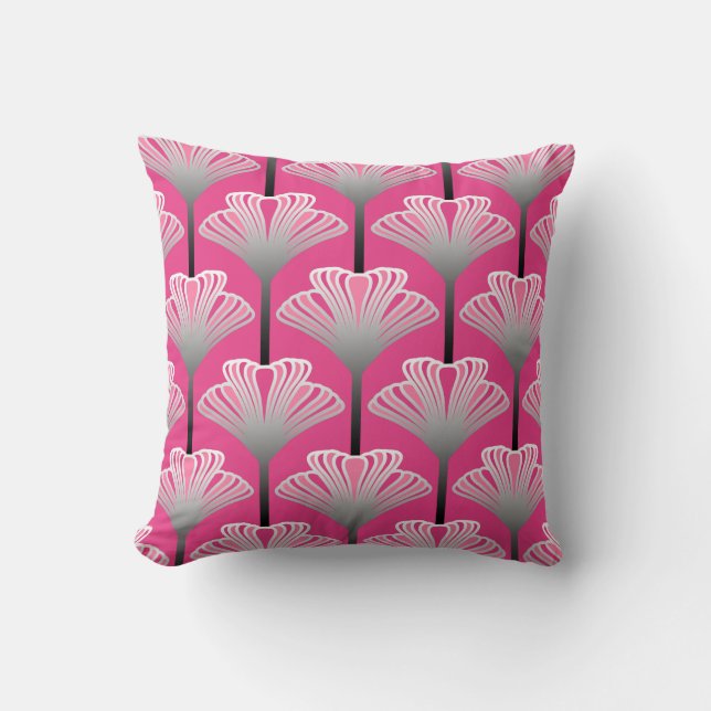 Art Deco Lily, Fuchsia Pink and Silver Gray Throw Pillow (Front)
