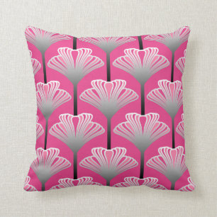 Art Deco Lily, Fuchsia Pink and Silver Gray Throw Pillow