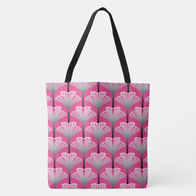 Art Deco Lily, Fuchsia Pink and Silver Gray Tote Bag (Front)