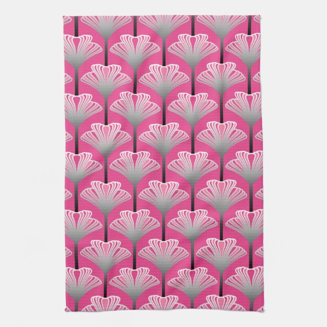 Art Deco Lily, Fuchsia Pink and Silver Gray Towel (Vertical)