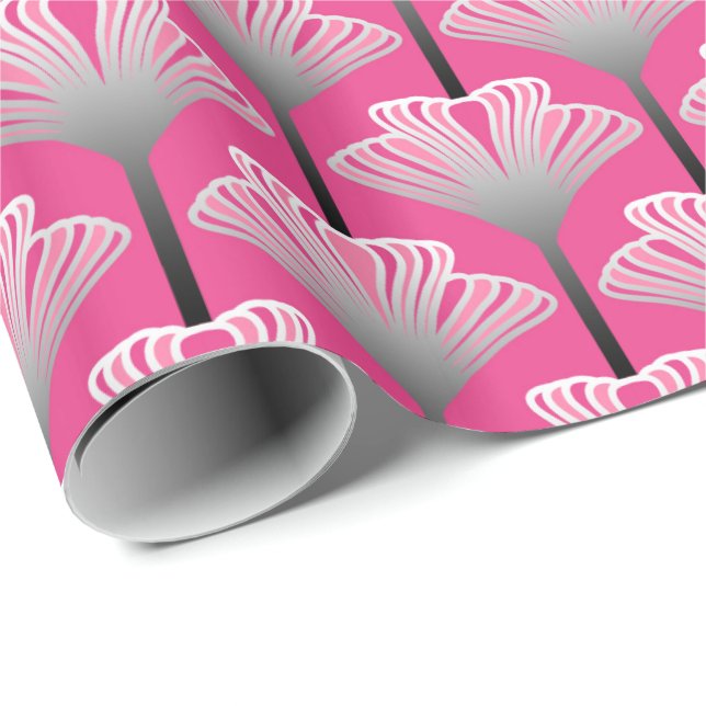 Art Deco Lily, Fuchsia Pink and Silver Gray Wrapping Paper (Roll Corner)