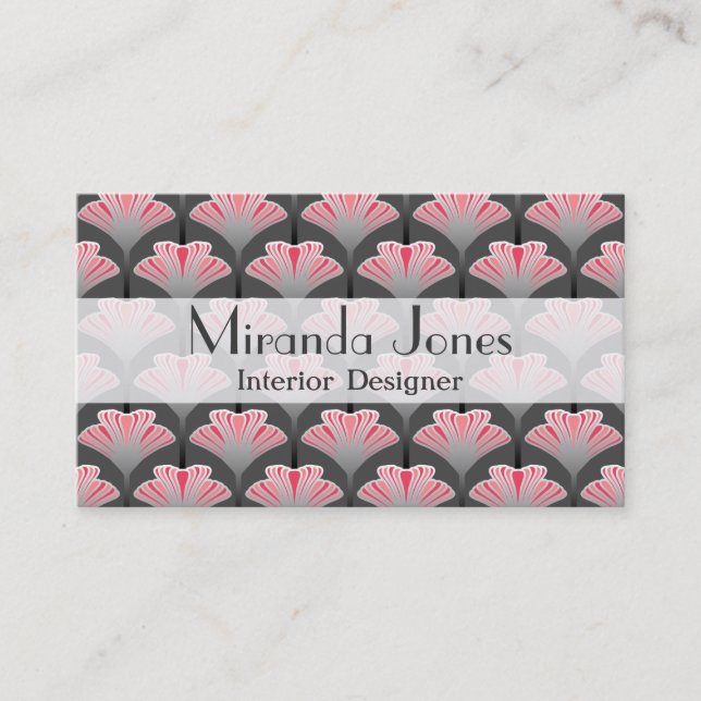 Art Deco Lily, Gray / Grey and Coral Pink Business Card (Front)