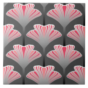 Art Deco Lily, Gray / Grey and Coral Pink Ceramic Tile