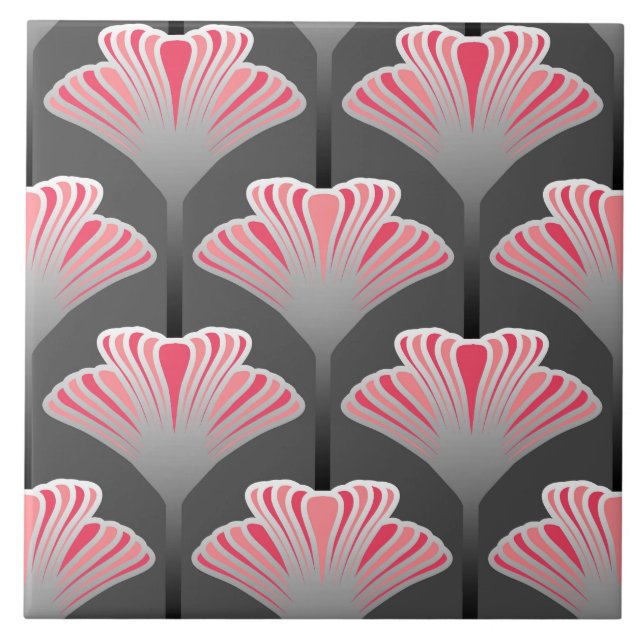 Art Deco Lily, Gray / Grey and Coral Pink Ceramic Tile (Front)
