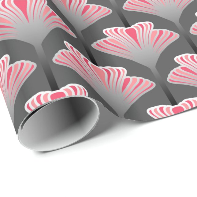Art Deco Lily, Gray / Grey and Coral Pink Wrapping Paper (Roll Corner)