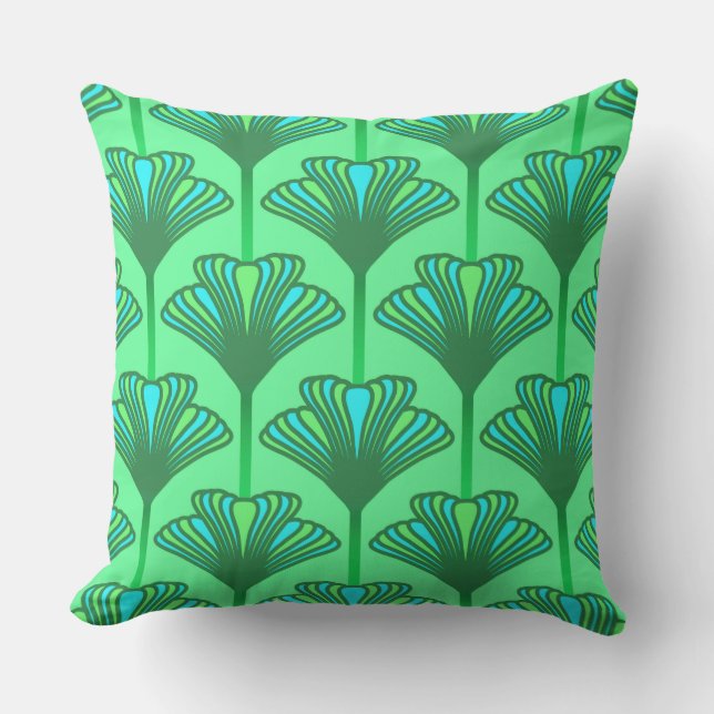 Art Deco Lily, Jade Green and Turquoise Outdoor Pillow (Front)