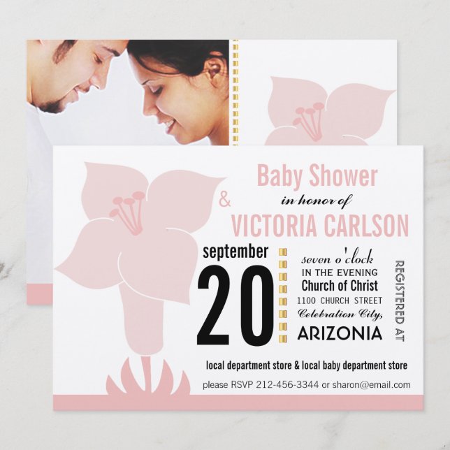Art Deco Lily Modern Typography Baby Shower Invitation (Front/Back)