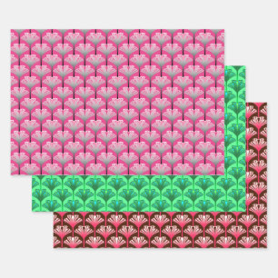 Art Deco Lily, Pink, Jade Green, Brown & Coral Wrapping Paper Sheets