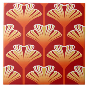 Art Deco Lily, Tangerine Orange and Gold Ceramic Tile