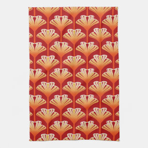 Art Deco Lily, Tangerine Orange and Gold Kitchen Towel