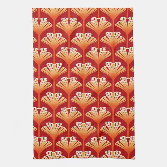 Art Deco Lily, Tangerine Orange and Gold Kitchen Towel (Vertical)