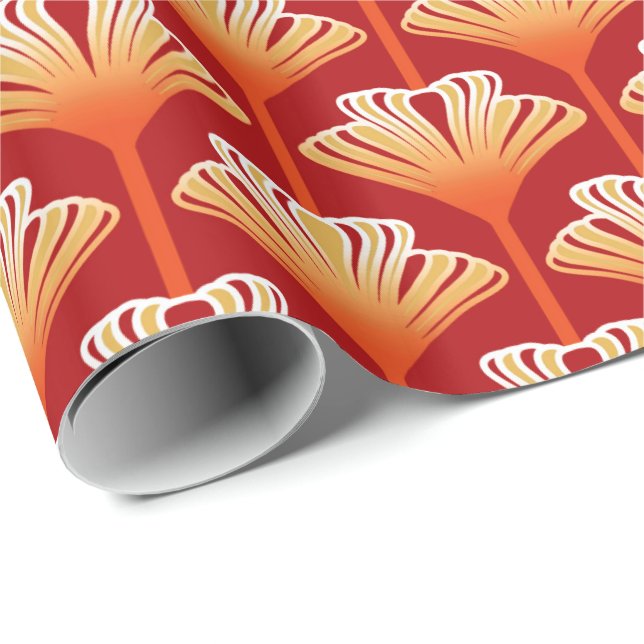 Art Deco Lily, Tangerine Orange and Gold Wrapping Paper (Roll Corner)