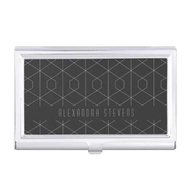 Art Deco Linear Geometry Black White Personalized  Business Card Case (Front)