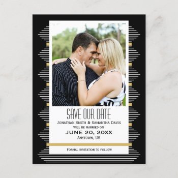 Art Deco Lines Black & Gold Photo Save The Date Announcement Postcard by daisylin712 at Zazzle