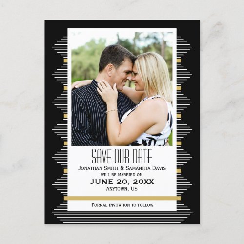 Art Deco Lines Black  Gold Photo Save The Date Announcement Postcard