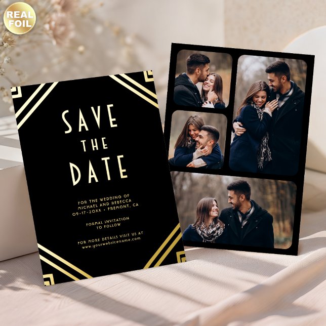 Art Deco Lines Black Gold Wedding Save the Date Foil Invitation (Creator Uploaded)