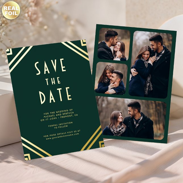 Art Deco Lines Emerald Gold Wedding Save the Date Foil Invitation (Creator Uploaded)