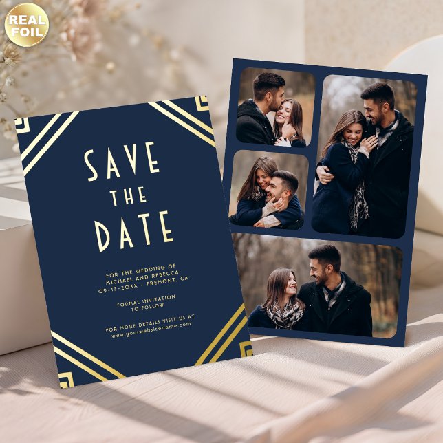 Art Deco Lines Navy Gold Wedding Save the Date Foil Invitation (Creator Uploaded)