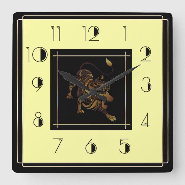 Art Deco lion Square Wall Clock (Front)