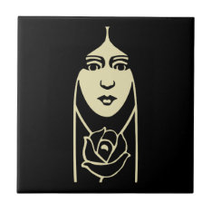 Art Deco Long Haired Girl With Rose Tile at Zazzle