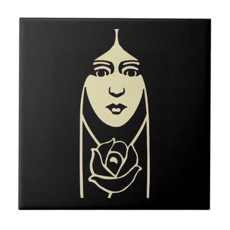 Art Deco Long Haired Girl With Rose Tile