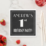 [ Thumbnail: Art Deco Look 1st Birthday Party With Custom Name Napkins ]