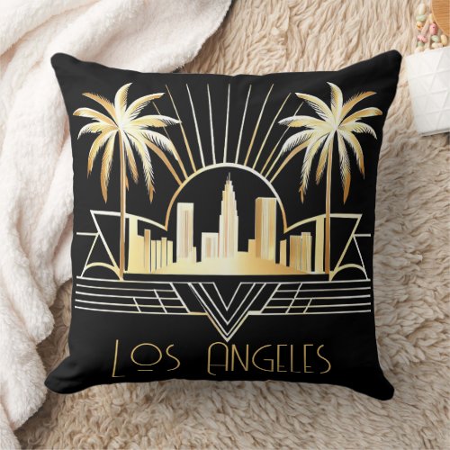 Art Deco Los Angeles and Palms Black Throw Pillow