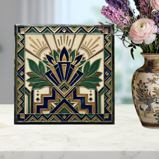 Art Deco Lotus Floral Navy Blue Gold Green Pattern Ceramic Tile (Creator Uploaded)