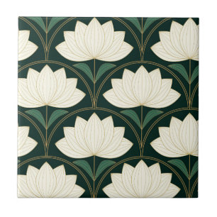 Art Deco Lotus Flowers on Golden Fans Ceramic Tile
