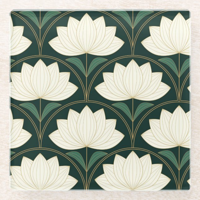 Art Deco Lotus Flowers on Golden Fans Pattern  Glass Coaster (Front)