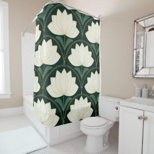 Art Deco Lotus Flowers on Golden Fans Pattern Shower Curtain