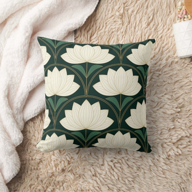 Art Deco Lotus Flowers on Golden Fans Pattern  Throw Pillow (Blanket)