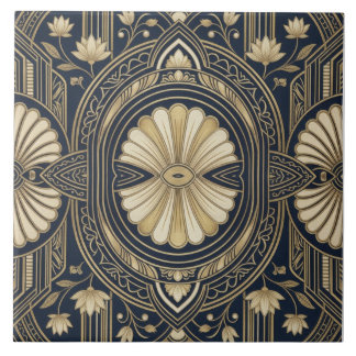 Art Deco Lotus Mandala Navy & Gold Geometric Patte Ceramic Tile
