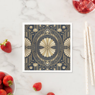 Art Deco Lotus Mandala Navy & Gold Geometric Patte Napkins