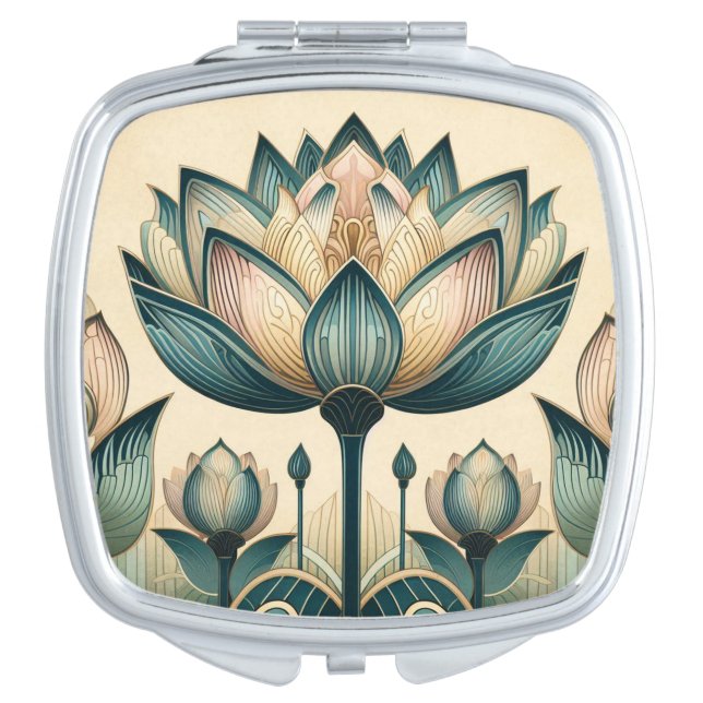 Art Deco Lotus Square Compact Mirror (Front)