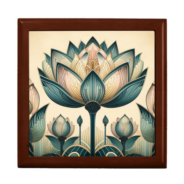 Art Deco Lotus Wooden Jewelry Keepsake Box (Front)