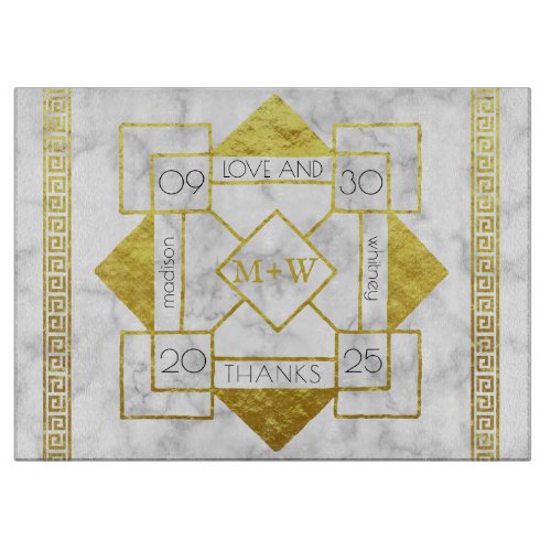 Art Deco Love and Thanks Wedding Marble Gold Foil Cutting Board