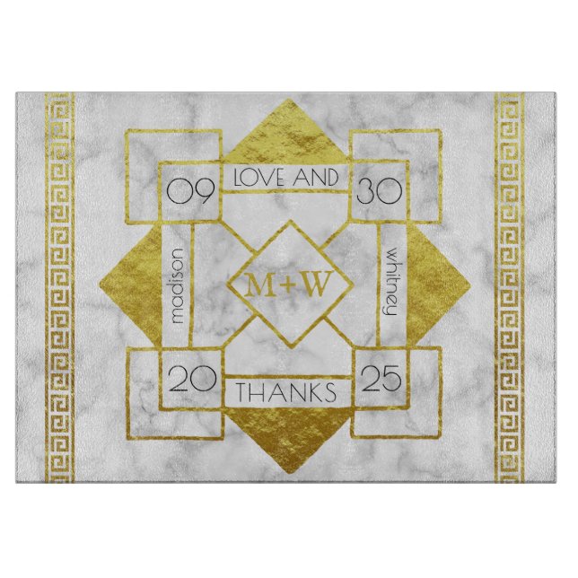 Art Deco Love and Thanks Wedding Marble Gold Foil Cutting Board (Front)