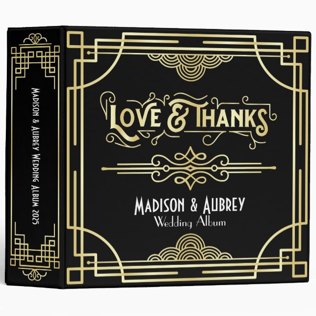 Art Deco Love & Thanks Gold Black Wedding Album 3 Ring Binder (Front/Spine)