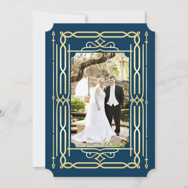 Art Deco Love & Thanks Gold Blue Photo Thank You (Front)