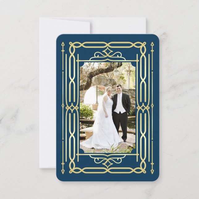 Art Deco Love & Thanks Gold Blue Photo Thank You (Front)
