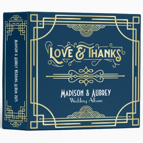 Art Deco Love  Thanks Gold Blue Wedding Album 3 Ring Binder