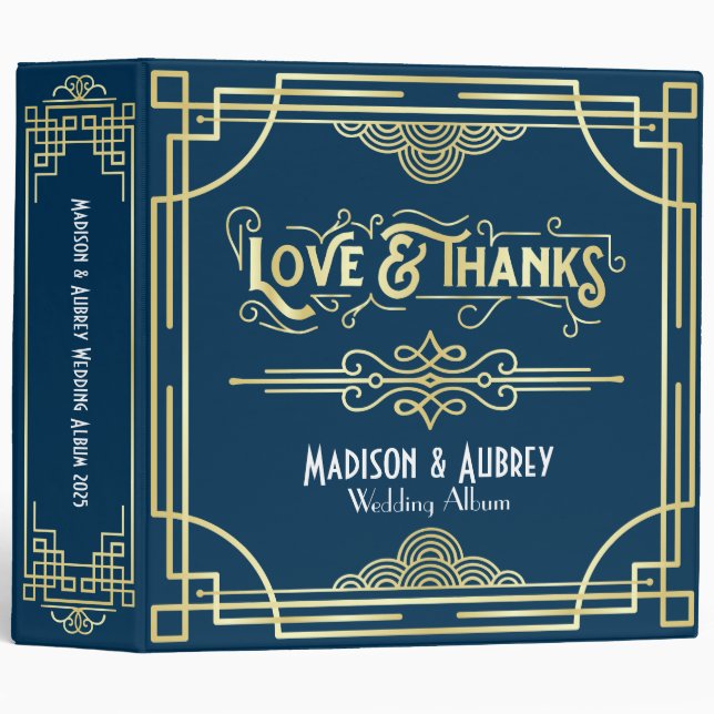 Art Deco Love & Thanks Gold Blue Wedding Album 3 Ring Binder (Front/Spine)