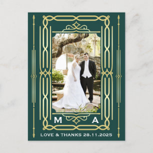 Art Deco Love & Thanks Gold Green Photo Thank You Postcard