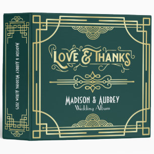 Art Deco Love & Thanks Gold Green Wedding Album 3 Ring Binder