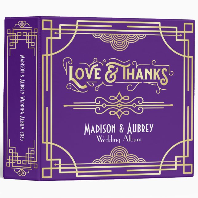 Art Deco Love & Thanks Gold Purple Wedding Album 3 Ring Binder (Front/Spine)