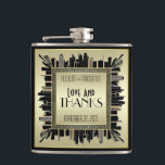 Art Deco Love & Thanks Wedding Champagne Gold Glam Flask<br><div class="desc">Create your very own Art Deco-style,  Great Gatsby-inspired design featuring a cityscape with greek key pattern frame in elegant champagne gold and black. Replace the sample text with your own for a personalized gift. Makes a wonderful gift for wedding,  anniversary,  birthday,  Father’s Day,  promotion,  retirement and other special occasions.</div>