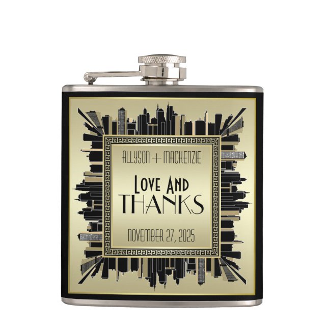Art Deco Love & Thanks Wedding Champagne Gold Glam Flask (Front)