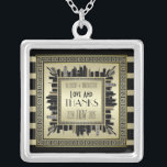 Art Deco Love & Thanks Wedding Champagne Gold Glam Silver Plated Necklace<br><div class="desc">Create your very own Art Deco-style,  Great Gatsby-inspired design featuring a cityscape with greek key pattern frame in elegant champagne gold and black. Replace the sample text with your own for a personalized gift. Makes a wonderful gift for wedding,  anniversary,  birthday,  Father’s Day,  promotion,  retirement and other special occasions.</div>