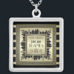 Art Deco Love & Thanks Wedding Champagne Gold Glam Silver Plated Necklace<br><div class="desc">Create your very own Art Deco-style,  Great Gatsby-inspired design featuring a cityscape with greek key pattern frame in elegant champagne gold and black. Replace the sample text with your own for a personalized gift. Makes a wonderful gift for wedding,  anniversary,  birthday,  Father’s Day,  promotion,  retirement and other special occasions.</div>